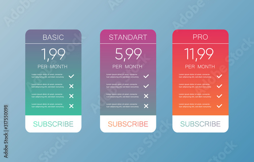 Comparison pricing list. Comparing price or product plan chart. Services cost table vector infographics template.