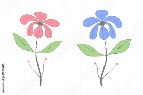 Drawing of two flowers  red and blue with green leaves