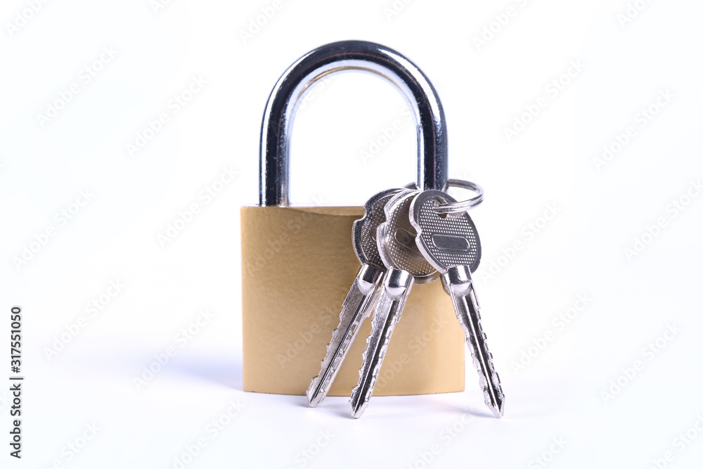 Locked Golden Padlock with keys on the white background. Locked Golden Padlock with keys on the white background.