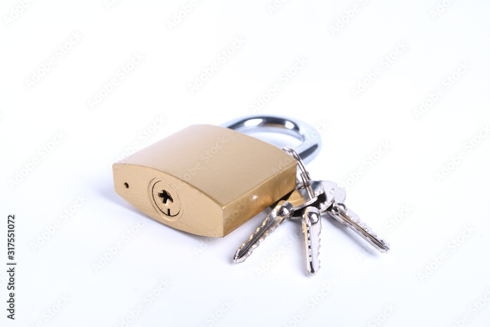 Locked Golden Padlock with keys on the white background. Locked Golden Padlock with keys on the white background.