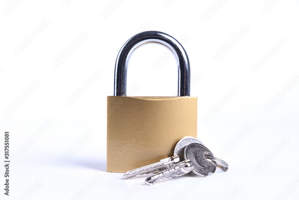 Locked Golden Padlock with keys on the white background. Locked Golden Padlock with keys on the white background.