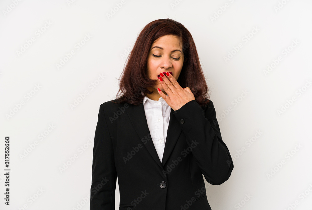 Middle age latin business woman isolated yawning showing a tired gesture covering mouth with hand. Middle age latin business woman isolated yawning showing a tired gesture covering mouth with hand.