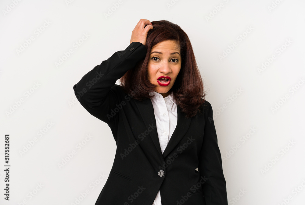 Middle age latin business woman isolated tired and very sleepy keeping hand on head. Middle age latin business woman isolated tired and very sleepy keeping hand on head.