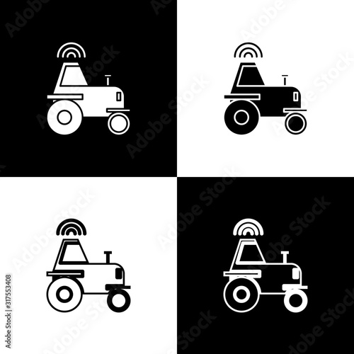 Set Self driving wireless tractor on a smart farm icon isolated on black and white background. Smart agriculture implement element. Vector Illustration