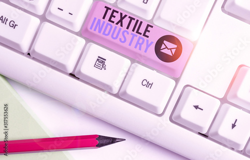 Writing note showing Textile Industry. Business concept for production and distribution of yarn cloth and clothing photo