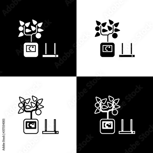 Set Smart farming technology - farm automation system in app icon isolated on black and white background. Vector Illustration