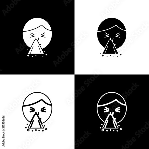 Set Man holding handkerchief or napkin to his runny nose icon isolated on black and white background. Coryza desease symptoms. Vector Illustration