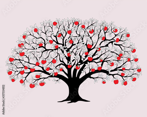 black apple tree with red apples  and leaves