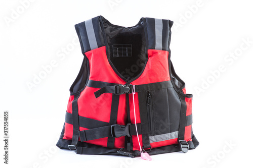 Red life jacket on white background, vest undone, isolated