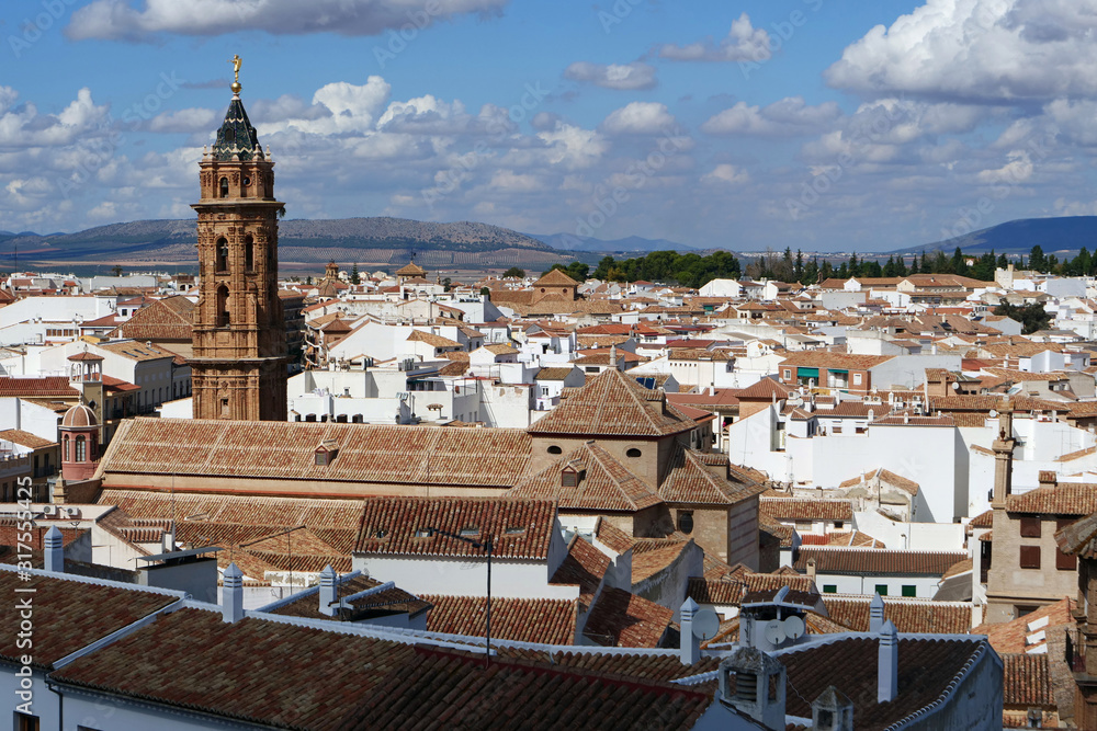 AntequeAerial view on the roofs of the city of Antequera with the San Sebastian church in front; Malaga province, Spain, Europe