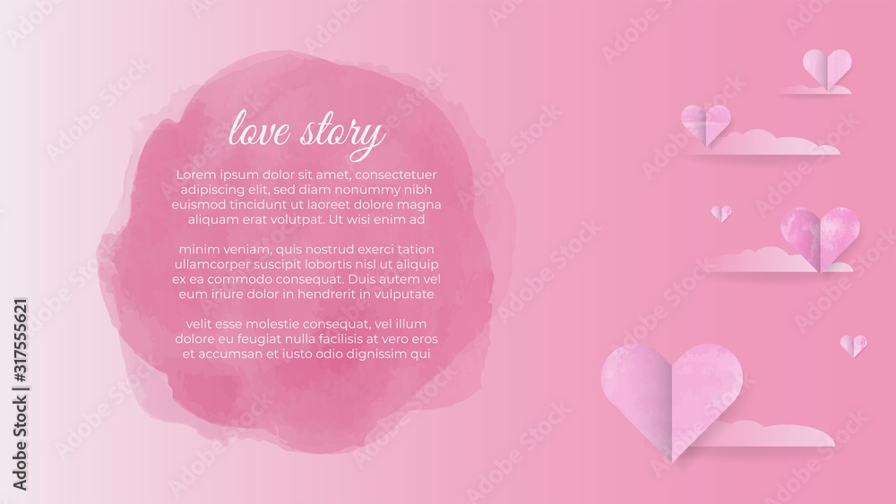 Watercolor Pink love story shaped paper floating with a gradient background. happy mother's day with a symbol of love. for greeting cards, banners, posters, wedding invitations. editable EPS 10 vector