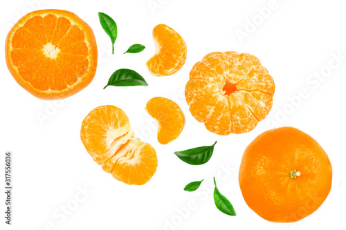 tangerine or mandarin with leaves isolated on white background. Top view. Flat lay