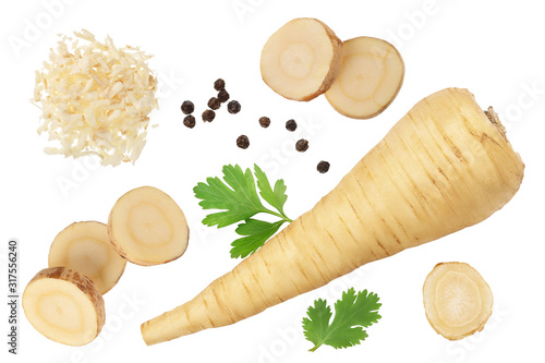 Parsnip root and slices with parsley isolated on white background with clipping path. Top view. Flat lay