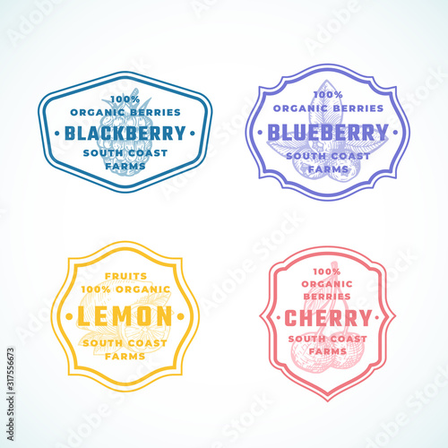 Organic Fruits and Berries Abstract Vector Signs, Symbols or Logo Templates Set. Black Berry, Lemon and Cherry Sketch Sillhouettes with Classic Retro Typography in Frames. Vintage Labels Bundle.