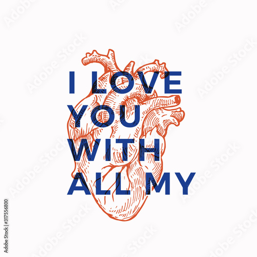 Valentines Day Abstract Vector Greeting Card, Apparel Illustration, Poster or Holiday Background. Hand Drawn Anatomical Heart and Minimal Typography. Trendy T-shirt Design Print Template.