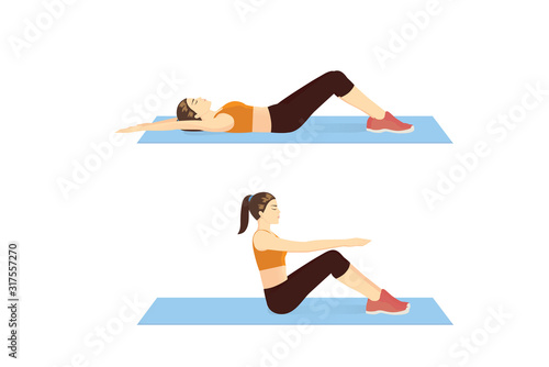 Woman lie down on her back and curl upper body to the top for touch her knees on exercise mat. Illustration about swing up exercise posture.