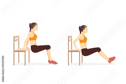 Woman doing Triceps Dips with bench in 2 step for exercise guide. Illustration about workout for build strength triceps brach ii muscle.