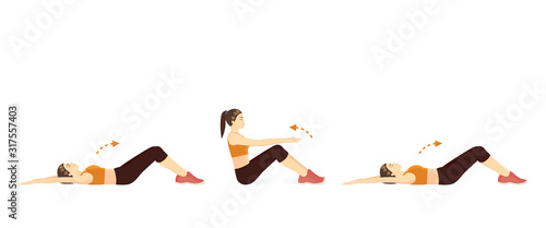 Woman lie down on her back and curl upper body to the top for touch her knees and repeat. Illustration about swing up exercise posture.