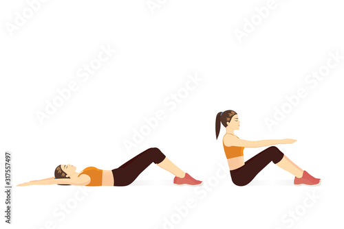 Woman lie down on her back and curl upper body to the top for touch her knees. Illustration about swing up exercise posture.