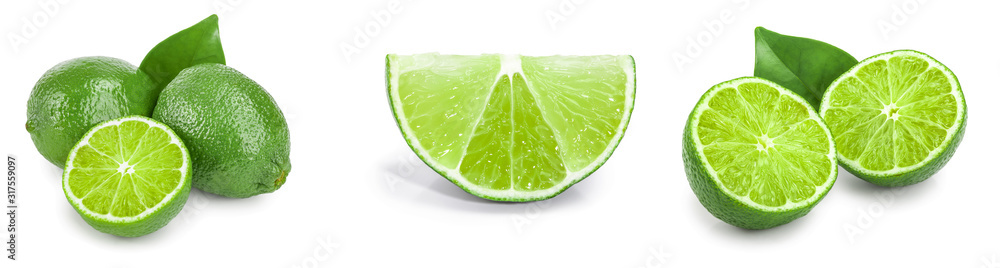 lime with half and leaf isolated on white background. Set or collection lime with half and leaf isolated on white background. Set or collection