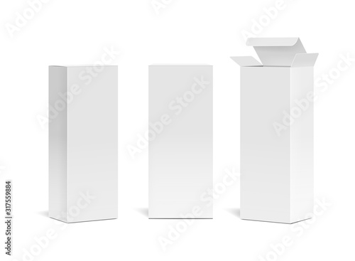 Realistic vertical medical cosmetic paper boxes. High white cardboard box mock up. Set of rectangular packaging. Vector illustration