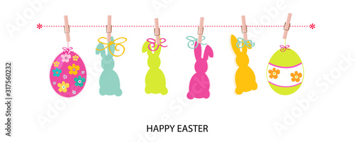 Hanging cute colorful bunny, easter eggs banner design. Happy easter greeting card, advertisement, fabric design element vector illustration