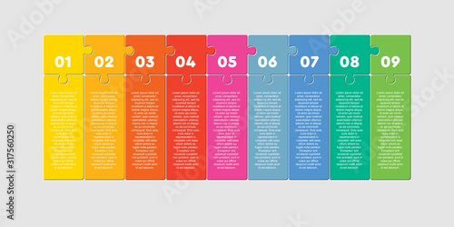 Nine piece puzzle square process line infographic
