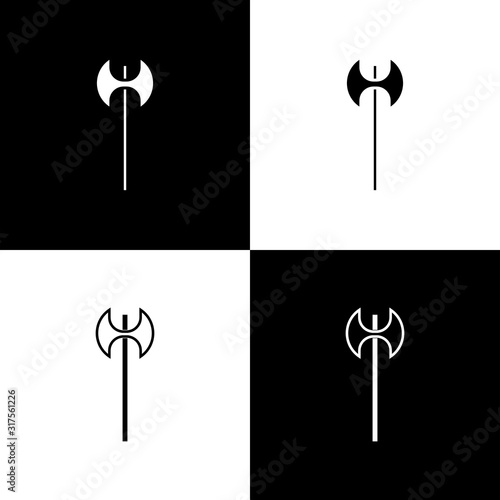 Set Medieval axe icon isolated on black and white background. Battle axe, executioner axe. Medieval weapon. Vector Illustration