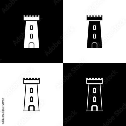 Set Castle tower icon isolated on black and white background. Fortress sign. Vector Illustration