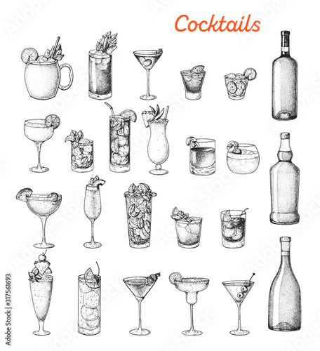 Alcoholic cocktails hand drawn vector illustration. Sketch set. Cognac, brandy, vodka, tequila, whiskey, champagne, wine, margarita cocktails. Bottle and glass.