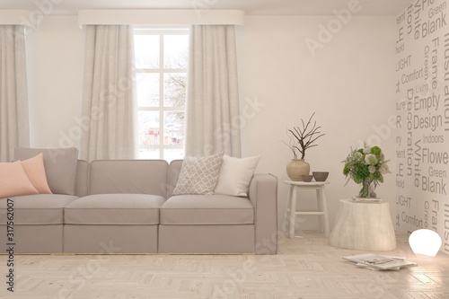 Stylish room in white color with sofa. Scandinavian interior design. 3D illustration