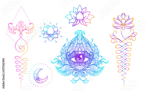 Sacred Geometry and Boo symbol set. Ayurveda sign of harmony and balance. Tattoo design, yoga logo. poster, t-shirt textile. Colorful rainbow gradient over black.