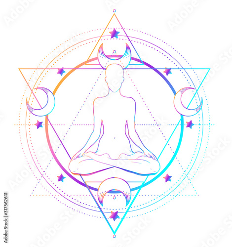 Sacred Geometry and Boo symbol set. Ayurveda sign of harmony and balance. Tattoo design, yoga logo. poster, t-shirt textile. Colorful rainbow gradient over black.