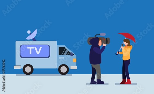 journalist reporter and tv news van in  winter season disaster cartoon flat illustration editable vector