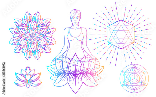 Sacred Geometry and Boo symbol set. Ayurveda sign of harmony and balance. Tattoo design, yoga logo. poster, t-shirt textile. Colorful rainbow gradient over black.