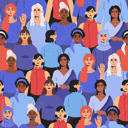 Seamless pattern with different diverse multiethnic women standing together. Vector illustration for international women's day card, banner, print background. Women empowerment movement concept.