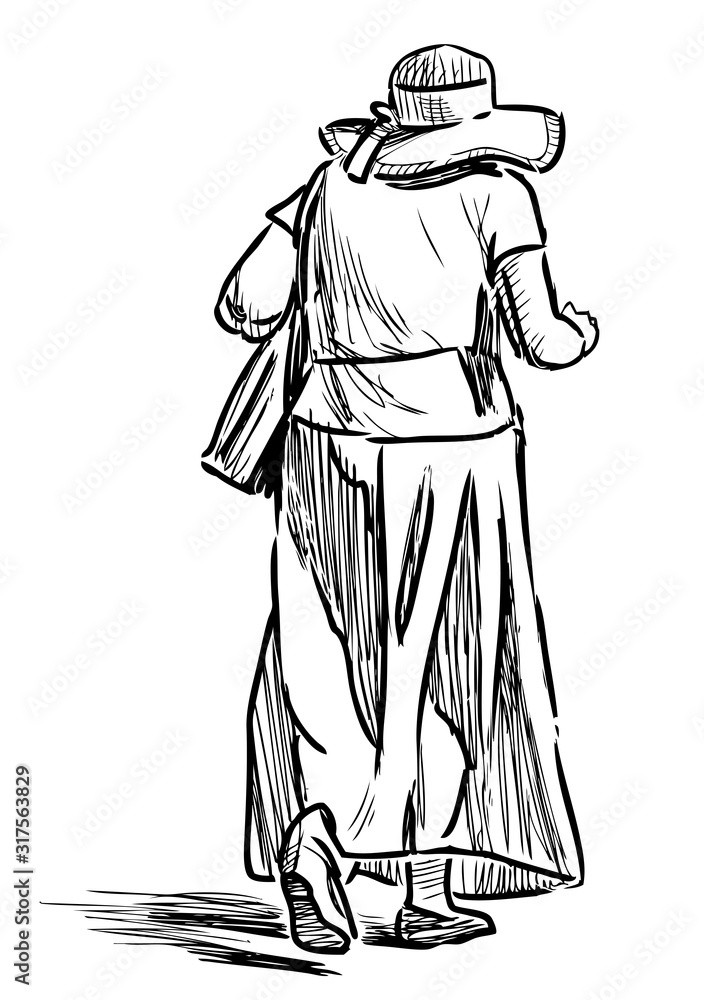 Sketch of elderly woman in hat walking on summer sunny day
