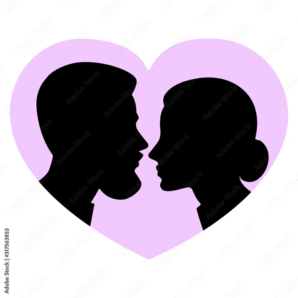 Face to face a girl and a young man in a heart frame. Vector illustration.
