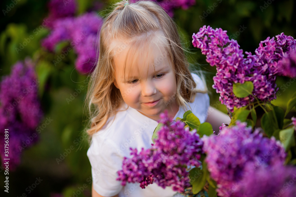 little girl in a denim suit walks in the lilac garden in the spring little girl in a denim suit walks in the lilac garden in the spring