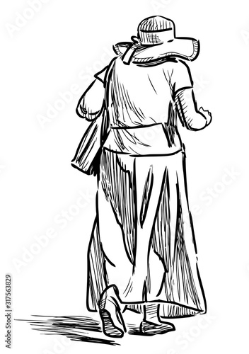 Sketch of elderly woman in hat walking on summer sunny day