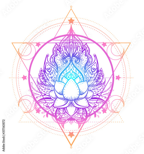 Sacred Geometry and Boo symbol set. Ayurveda sign of harmony and balance. Tattoo design, yoga logo. poster, t-shirt textile. Colorful rainbow gradient over black.