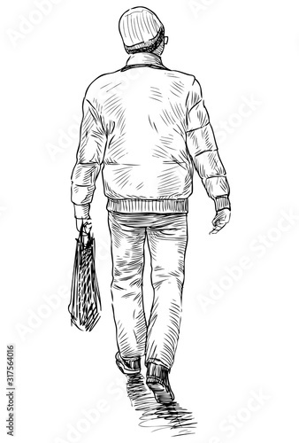 Sketch of man with bag going along street