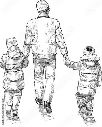 Sketch of parent with his little children going for a stroll