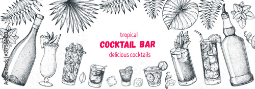 Alcoholic cocktails hand drawn vector illustration. Hand drawn sketch. Cocktails and palm leaves set. Menu design elements. Summer bar menu.
