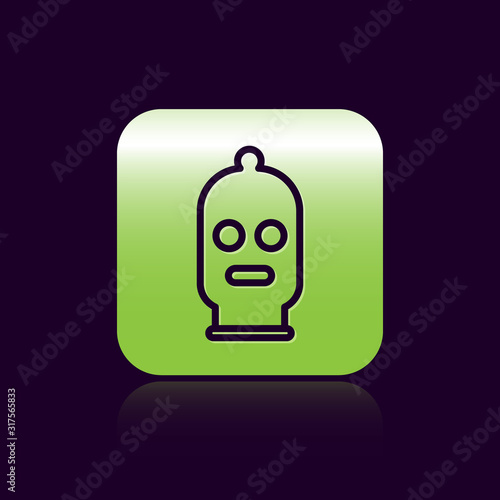 Black line Balaclava icon isolated on black background. A piece of clothing for winter sports or a mask for a criminal or a thief. Green square button. Vector Illustration