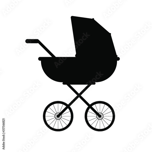 Vector black baby pram silhouette isolated on white background