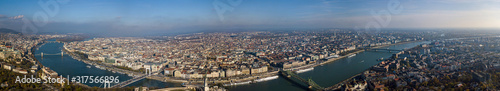 Panorama of the city of Budapest shot on the hills of Gellert with the help of a drone. Top view of all sights near the Danube river.