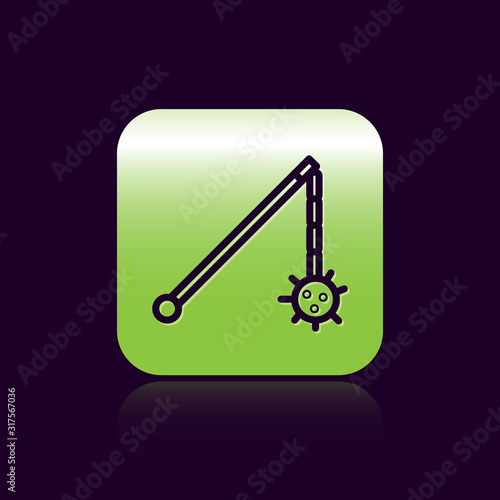 Black line Medieval chained mace ball icon isolated on black background. Medieval weapon. Green square button. Vector Illustration