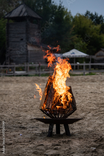 Nice bonfire in old wooden castle abstract
