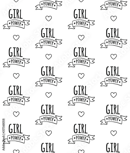 Vector seamless pattern of hand drawn doodle sketch girl power lettering sign isolated on white background